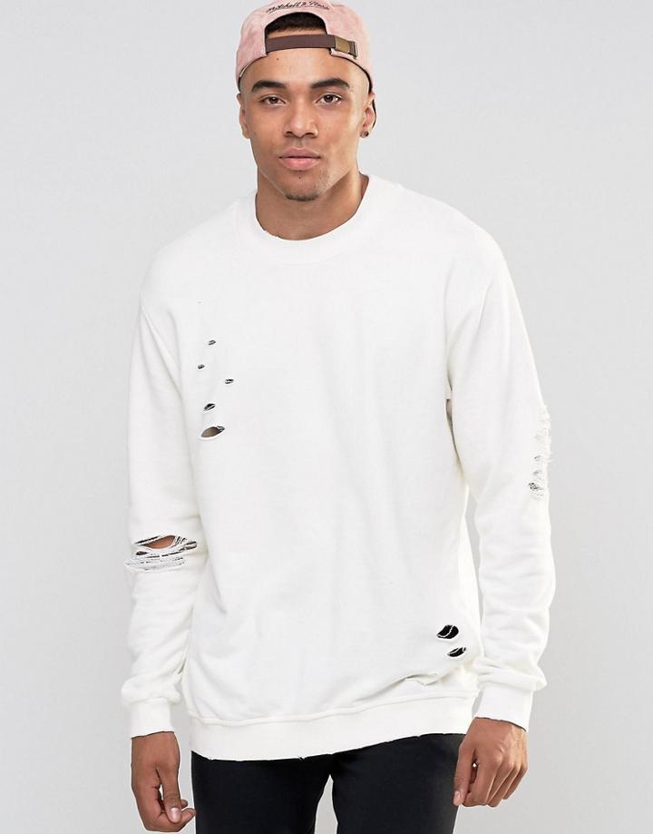 Jack & Jones Crew Neck Sweat With Drop Shoulder And Distressed Detail - Cloud Dancer