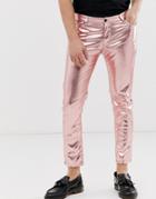 Asos Design Skinny Jeans In Metallic Pink Leather Look - Pink