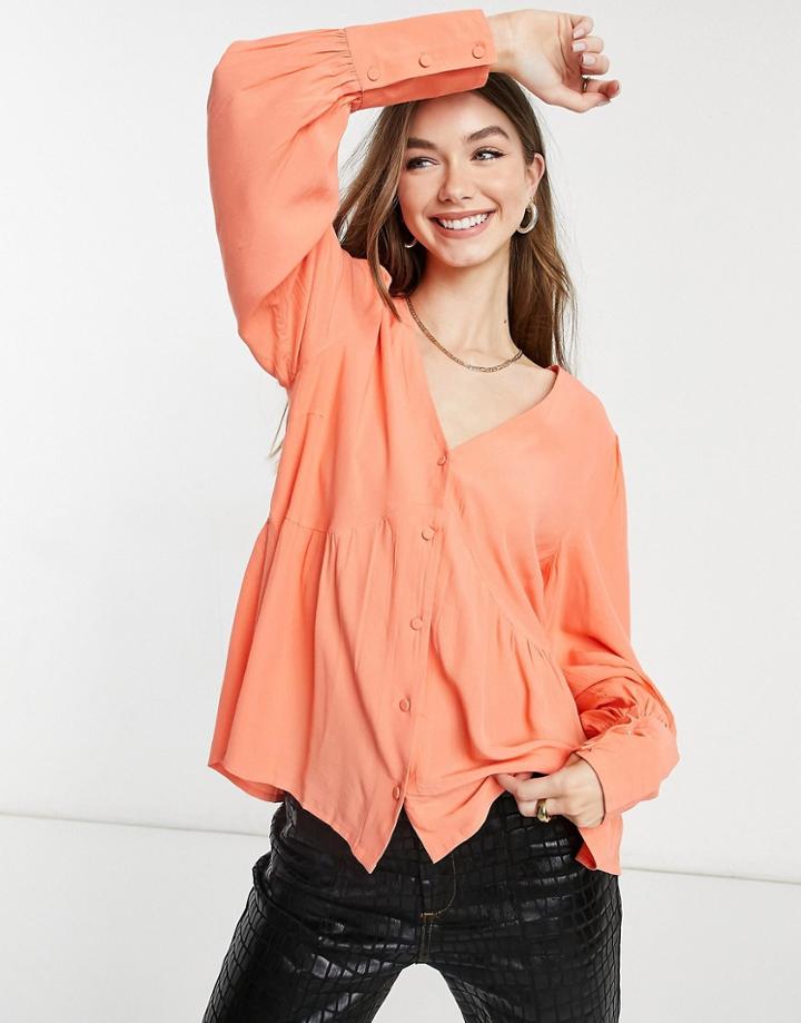 Y.a.s Smock Blouse With V-neck In Coral Pink
