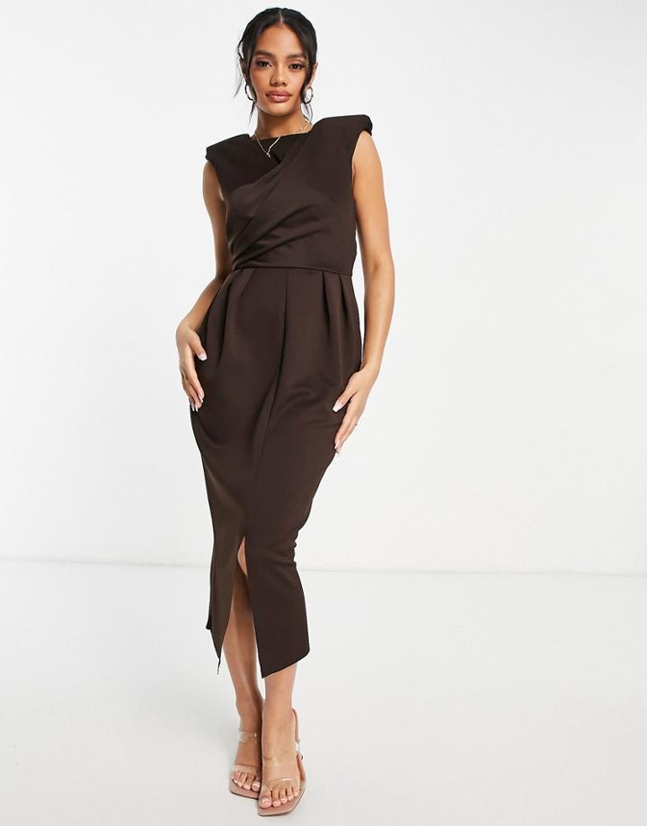 Asos Design Tucked Midi Pencil Dress With Shoulder Pads In Chocolate-brown