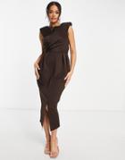 Asos Design Tucked Midi Pencil Dress With Shoulder Pads In Chocolate-brown