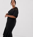 Asos Design Curve Exclusive Lace Mix Midi Pencil Dress With Pep Hem - Black