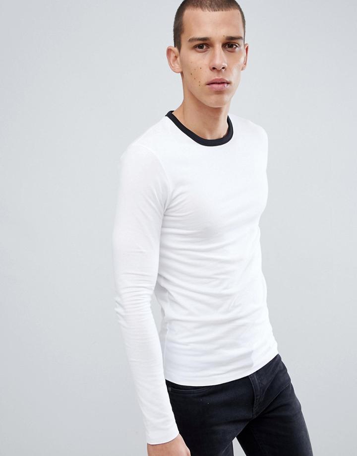 Asos Design Long Sleeve Ringer T-shirt In White - Multi