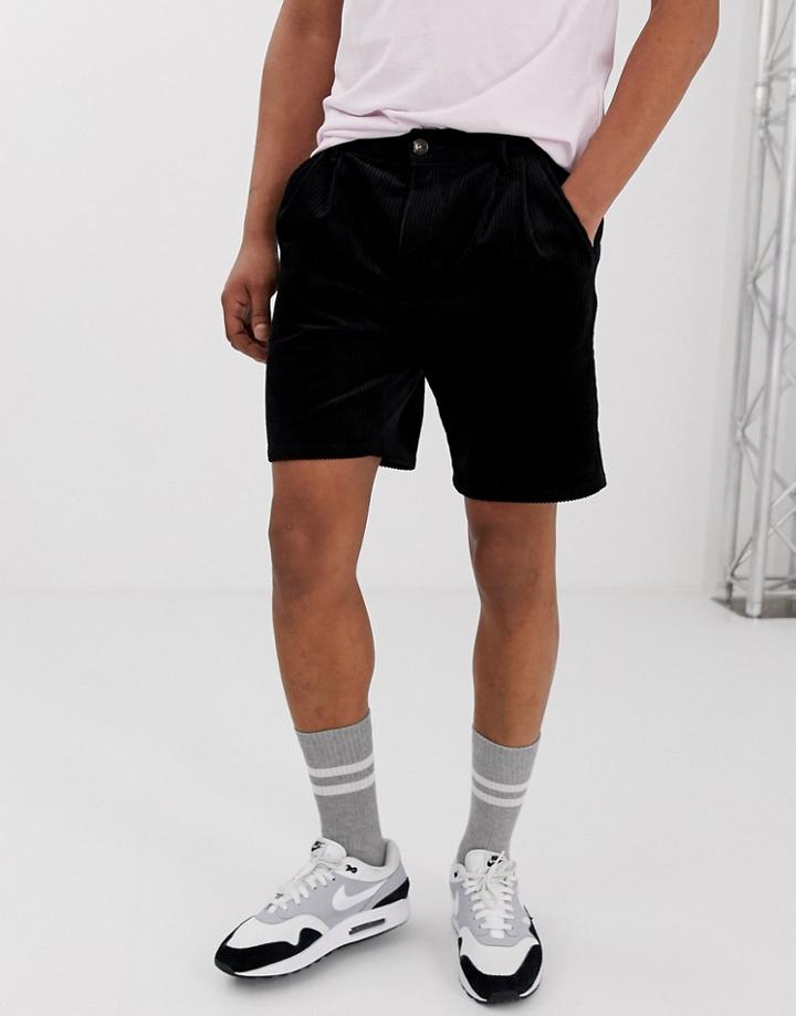 Asos Design Slim Shorts With Pleats In Black Cord