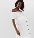 Asos Design Maternity Button Through Bardot Slub Sundress - White