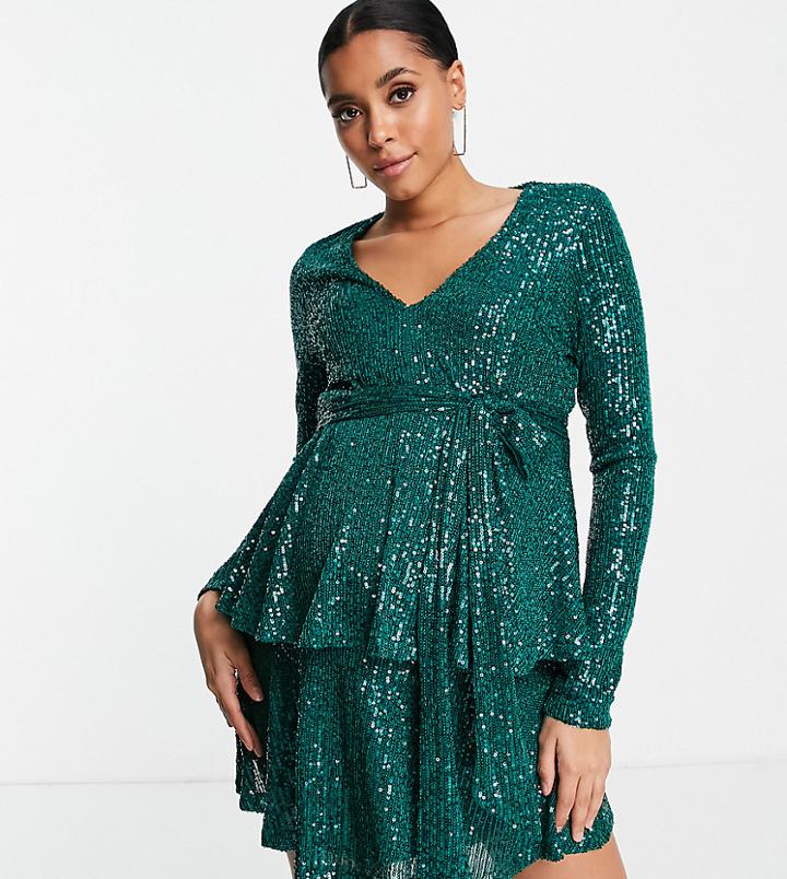 In The Style Maternity Exclusive Sequin Plunge Front Tiered Detail Mini Dress In Emerald Green