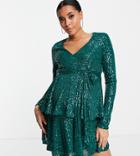 In The Style Maternity Exclusive Sequin Plunge Front Tiered Detail Mini Dress In Emerald Green
