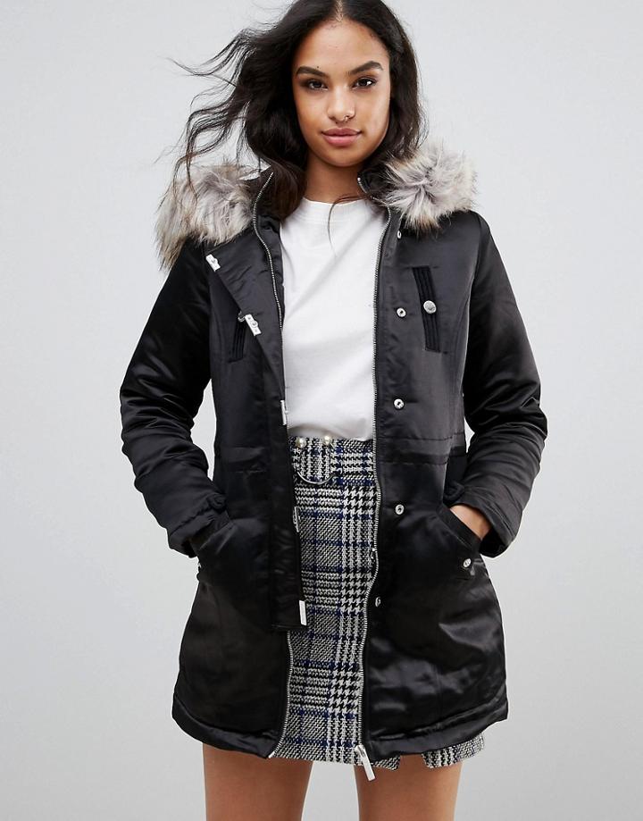 Lipsy Satin Parka With Velvet Trim And Faux Fur Hood - Black