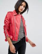 Mango Zip Detail Leather Jacket - Red
