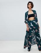 Club L Long Sleeve Maxi Printed Kimono - Green