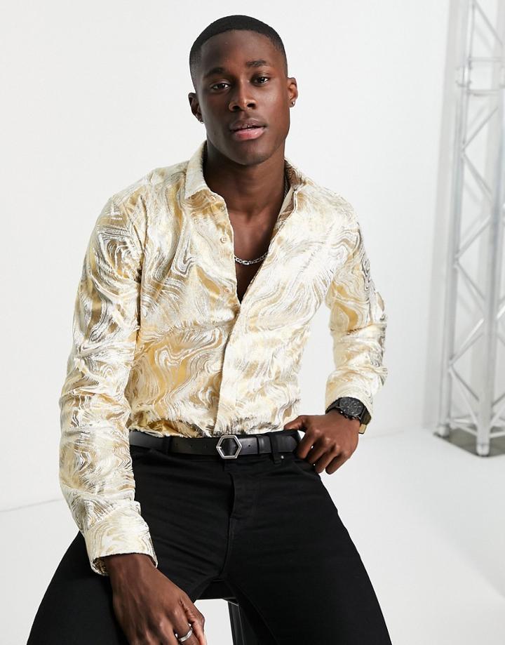 Twisted Tailor Ortiz Shirt In Champagne With Gold Swirl Foil Print