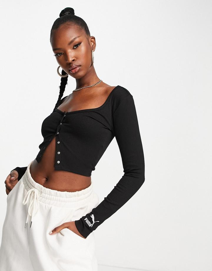 Puma Classics Ribbed Long Sleeved Top In Black