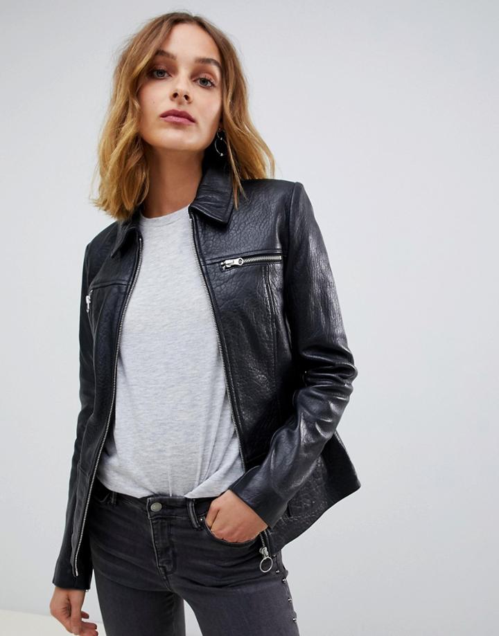 Muubaa Circle Zip Front Mottled Leather Jacket - Black