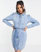 Parisian Puff Sleeve Belted Denim Mini Dress In Light Wash Blue-blues