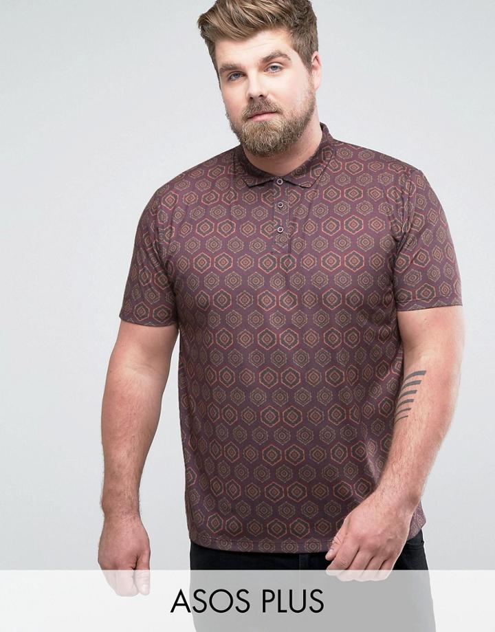 Asos Plus Polo Shirt In All Over Retro Print - Red