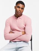 Asos Design Knitted Muscle Fit Rib Polo Sweater In Pink