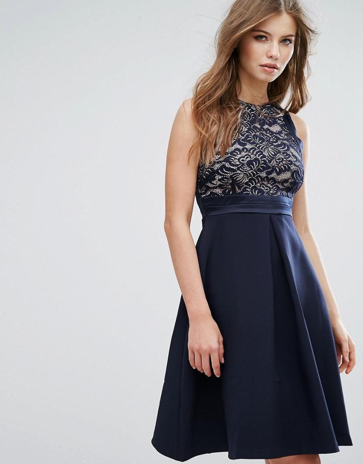 Vesper Midi Skater Dress With Lace Body - Black