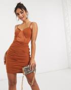 Naanaa Mesh Detail Body-conscious Dress In Rust-orange