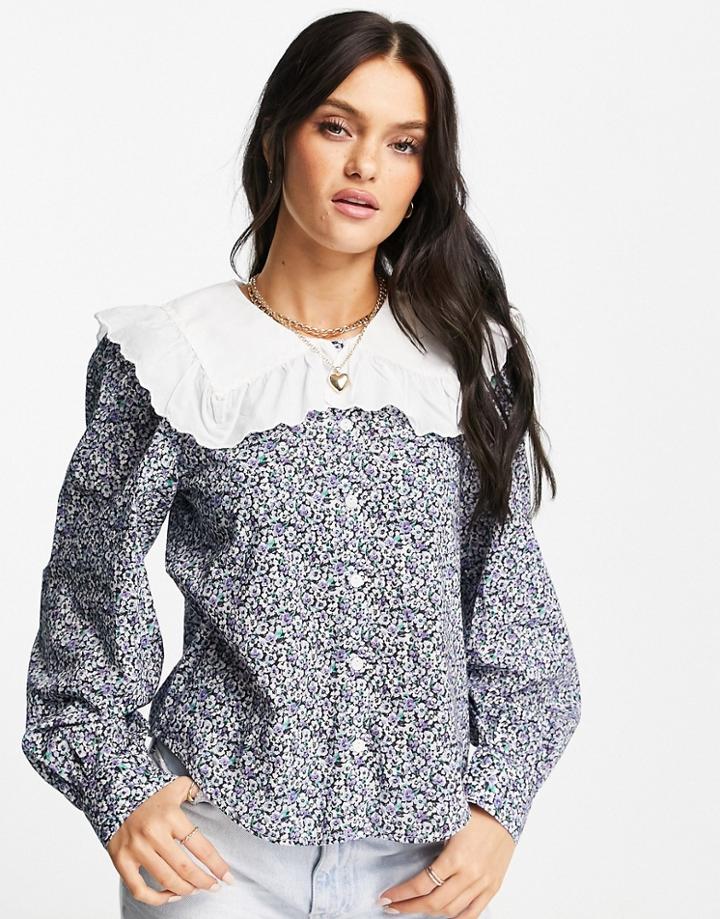 & Other Stories Organic Cotton Floral Print Collar Detail Blouse In Multi
