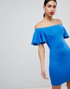 Flounce London Bardot Mini Dress With Fluted Sleeve - Blue