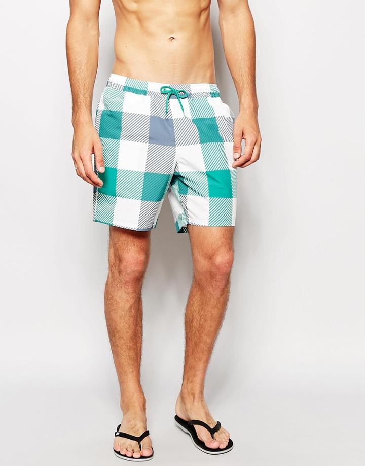 Asos Mid Length Swim Shorts With Check Print - White