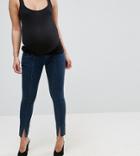 Asos Maternity Lisbon Mid Rise Skinny Jeans In Amelie Darkwash With Vent Hem - Blue