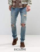 Mennace Slim Jeans With Rips In Light Wash - Blue