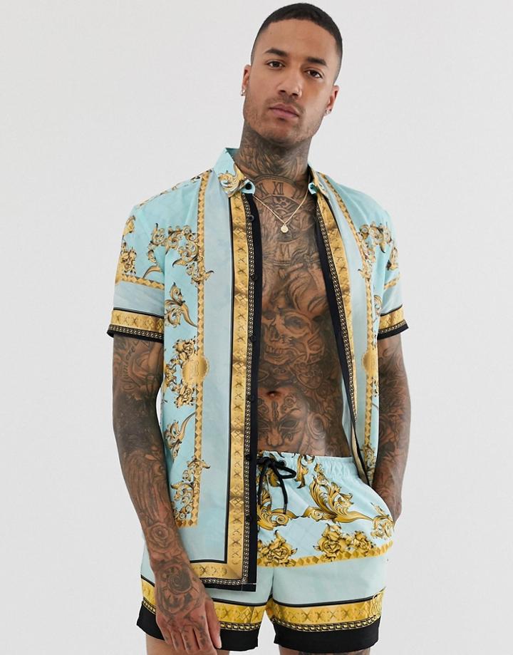 Siksilk Two-piece Short Sleeve Shirt In Blue And Gold Print - Blue
