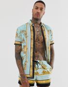 Siksilk Two-piece Short Sleeve Shirt In Blue And Gold Print - Blue