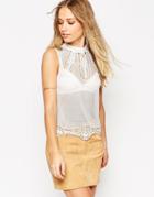 Asos Tank With High Neck In Mesh With Cotton Lace Hem - White