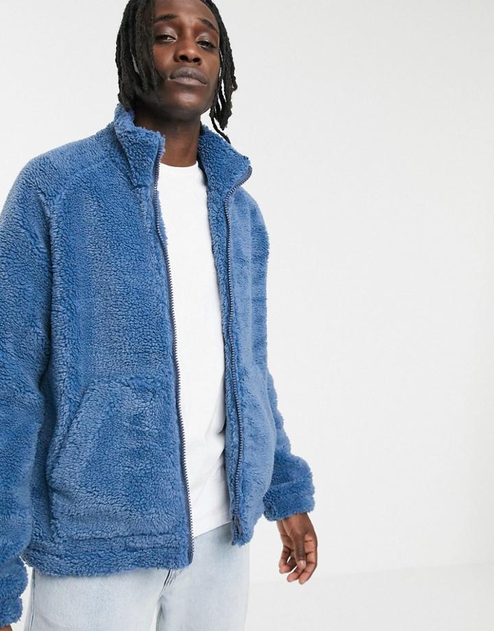 Asos Design Zip Through Borg Jacket In Blue