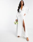 Blume Bridal Satin Plunge Front Maxi Dress With Wrap Skirt In White
