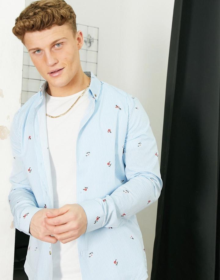 Asos Design Slim Fit Work Shirt In Blue & White Stripe With Ditsy Floral-blues