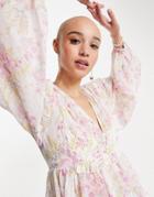Asos Design Long Sleeve Sheer Blouse With Shirred Waist In Floral Print-multi