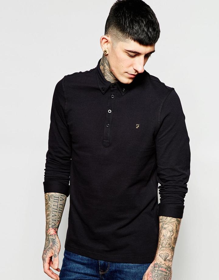 Farah Long Sleeve Polo Shirt In Reg Fit - Black