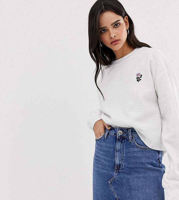 River Island Sweatshirt With Rose Embroidery In White - White