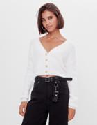 Bershka Cropped Fluffy Cardigan In Ecru-white