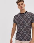 Asos Design Relaxed T-shirt In Organic Cotton With All Over Tile Print In Slub Fabric-black