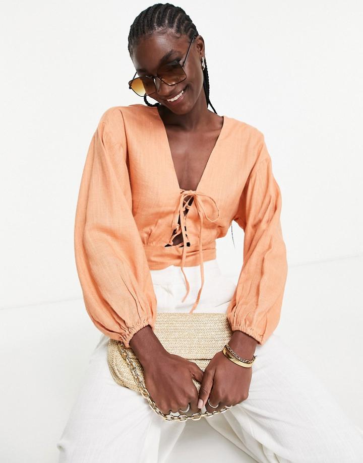 Asos Design Linen Top With Lace-up Front & Volume Sleeves In Peach-orange