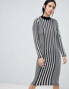Asos Design Knit Midi Dress With Vertical Mono Stripes-multi