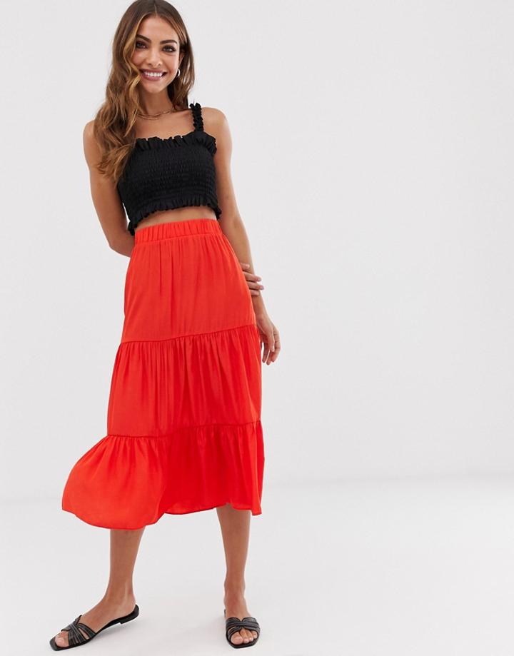 Vila Tiered Midi Skirt - Red