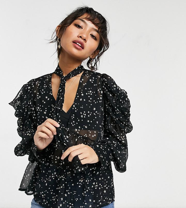 Asos Design Petite Pussybow Blouse In Star Print-multi