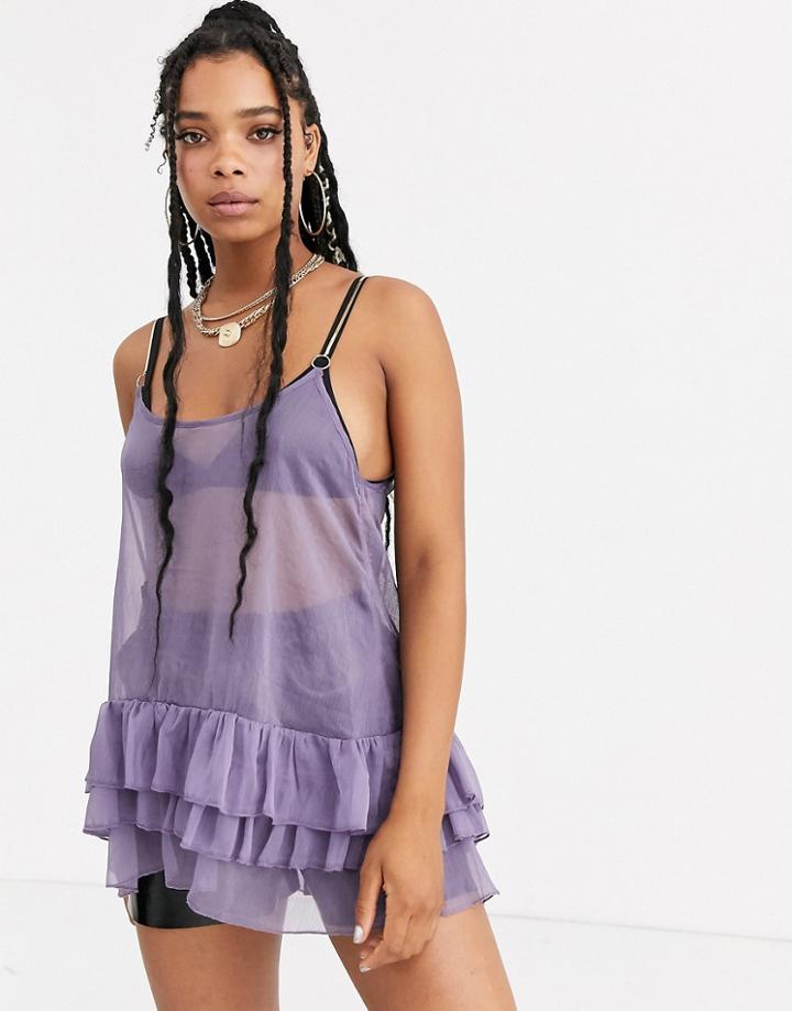 Zya Mesh Mini Dress With Ruffles And Gold Straps-purple