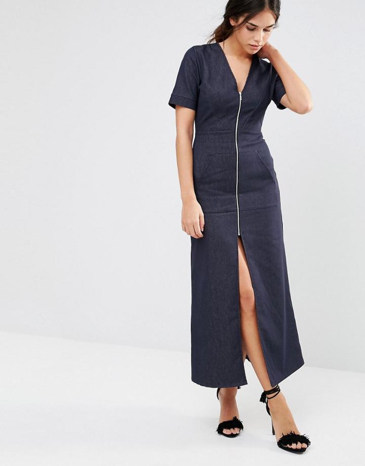 Liquorish Denim Maxi Dress With V Neck And Zip Front - Denim