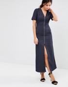 Liquorish Denim Maxi Dress With V Neck And Zip Front - Denim