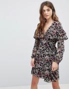 New Look Floral Print Tier Sleeve Wrap Dress - Black