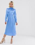 Asos Design High Neck Midi Satin Tea Dress-blue