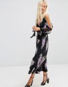 Asos Jumpsuit With Cold Shoulder In Lilac Oversized Floral Print - Multi