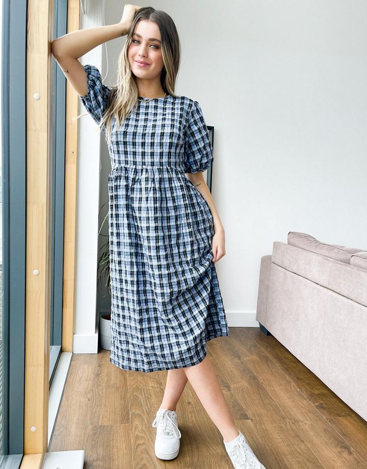 Nobody's Child Midi Smock Dress With Volume Sleeves In Blue Gingham-blues