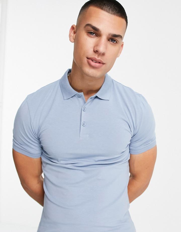 Asos Design Organic Cotton Blend Muscle Fit Jersey Polo In Blue-blues
